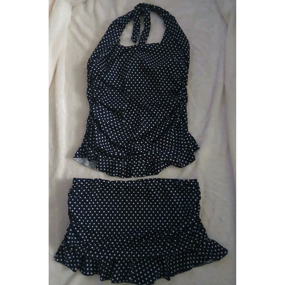 Miraclesuit Women's Navy Polka Dot 2-Piece Tankini Sz 16 Ruched Ruffles